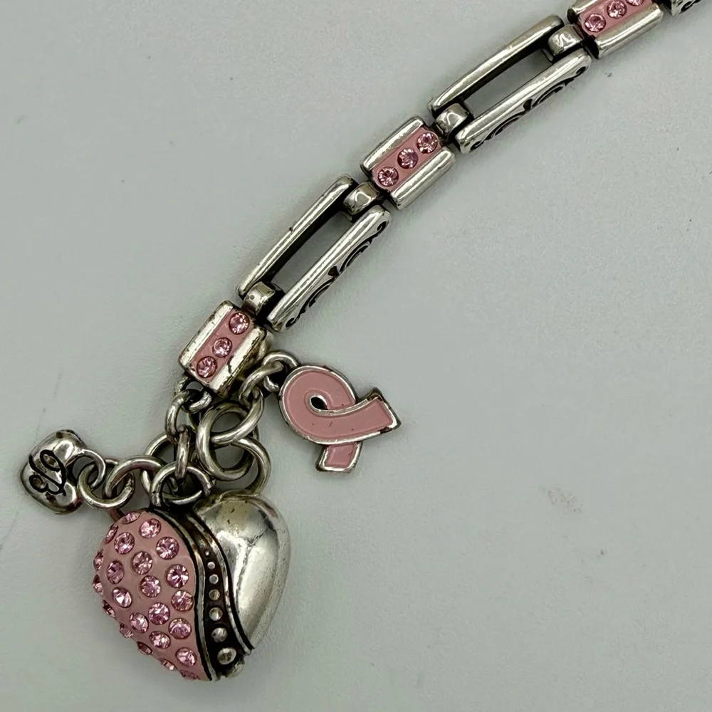 BRIGHTON Pink Ribbon Breast Cancer Awareness Charm Bracelet Silver Crystal Heart